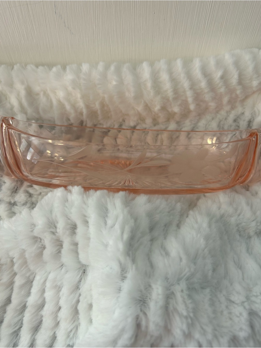 Vintage Pink Depression Glass Canoe Relish/Pickle Dish Etched Floral